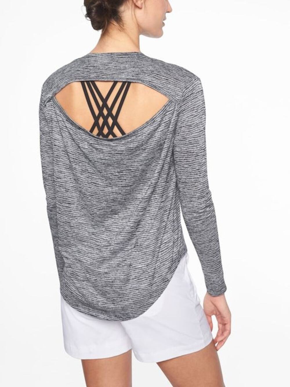 Athleta Womens size XS Breezy Long Sleeve Cutout Back Striped Workout Top Blue